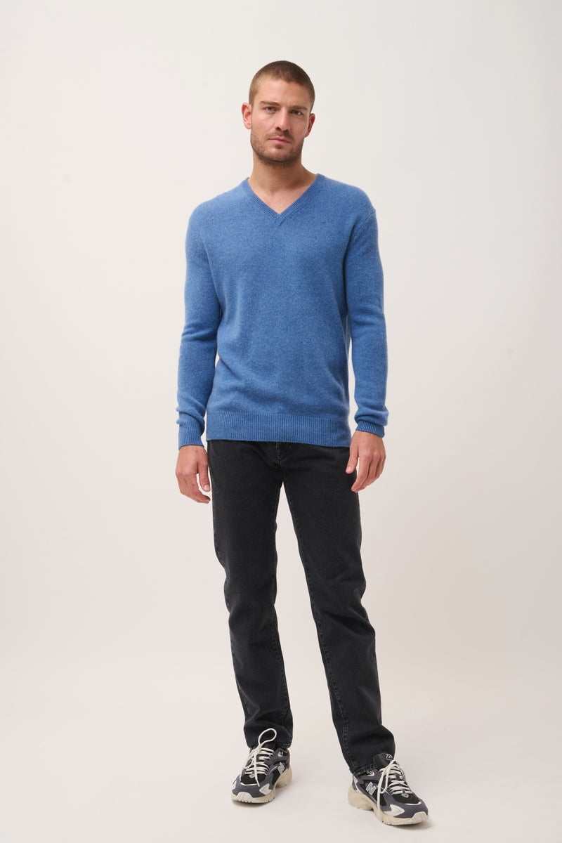 Pull Col V 4 Fils - Nathan - Bleu Denim