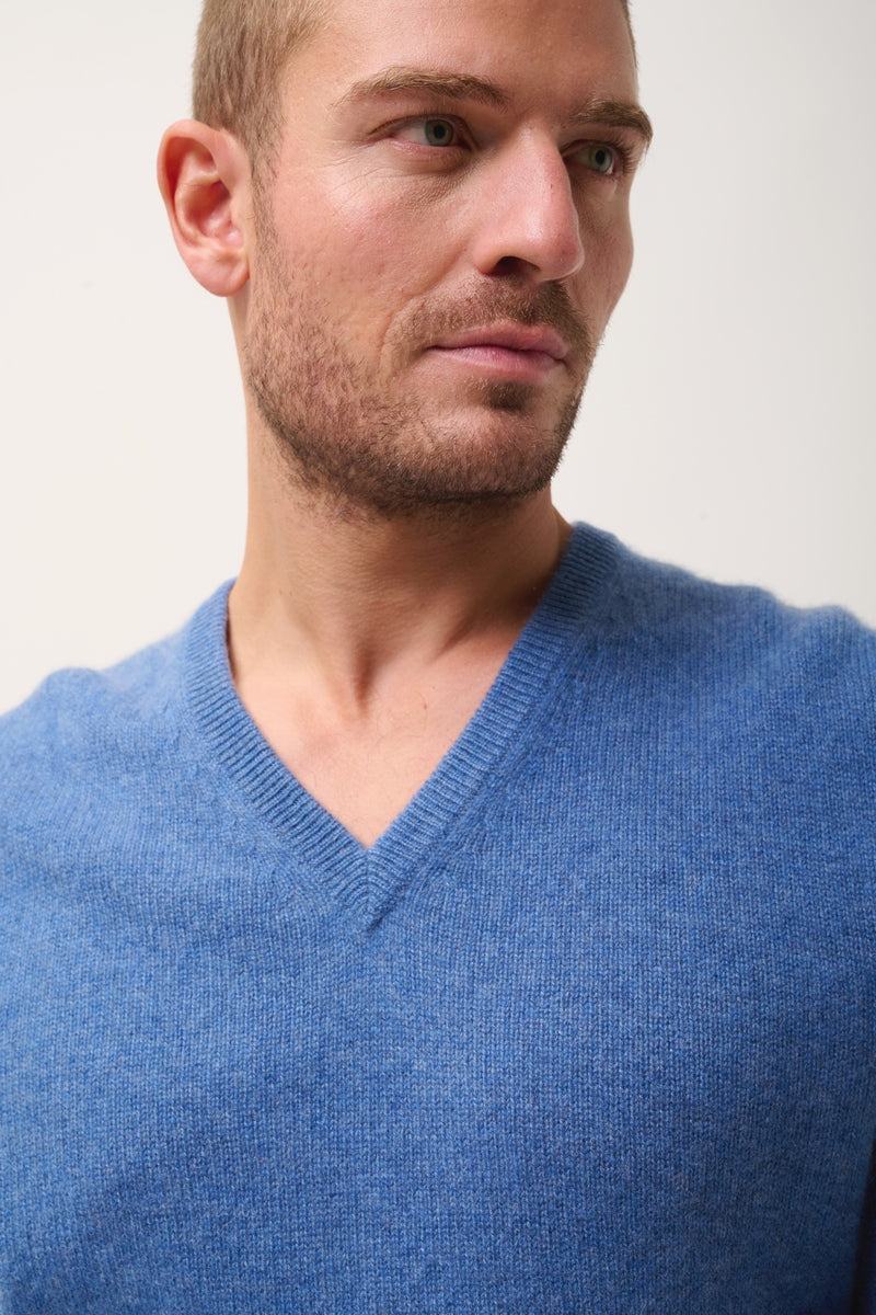 Pull Col V 4 Fils - Nathan - Bleu Denim