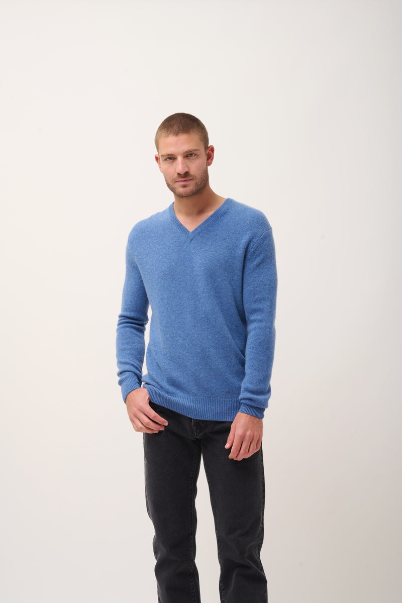 Pull Col V 4 Fils - Nathan - Bleu Denim