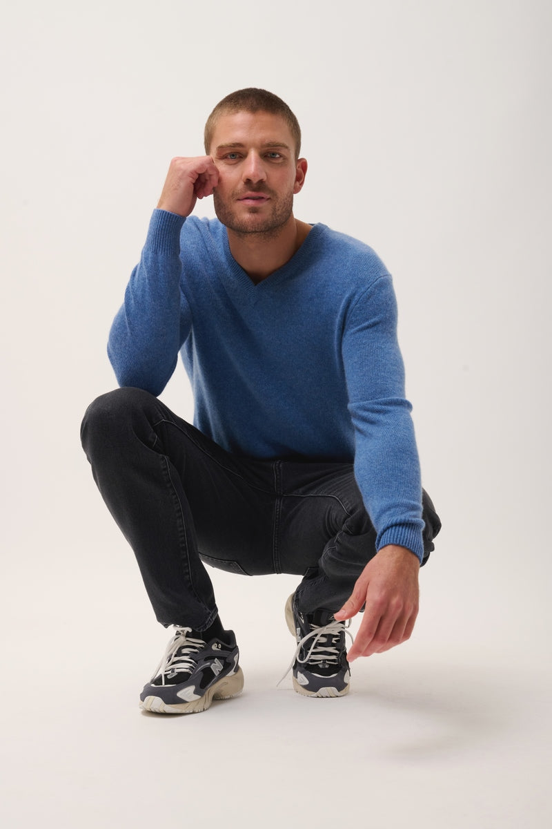Pull Col V 4 Fils - Nathan - Bleu Denim