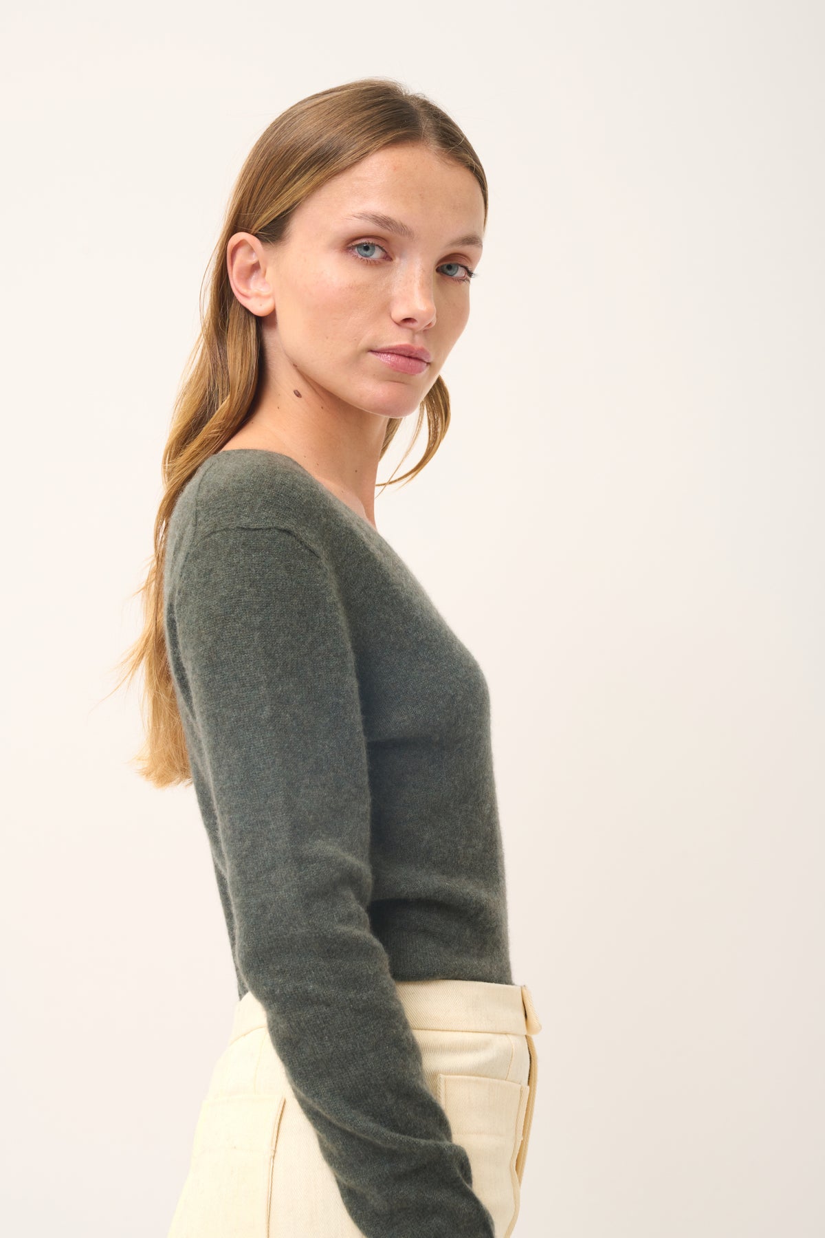 Pull Col V  - Joan - Kaki Chiné