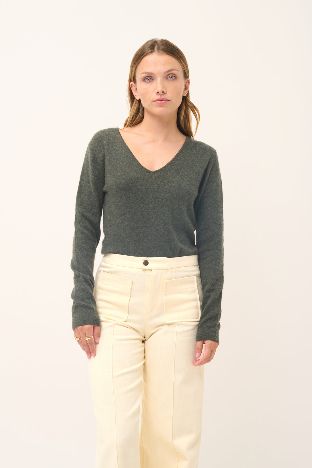 Pull Col V  - Joan - Kaki Chiné