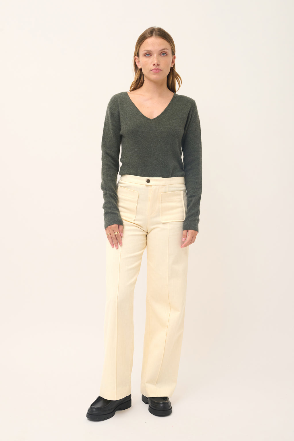 Pull Col V  - Joan - Kaki Chiné