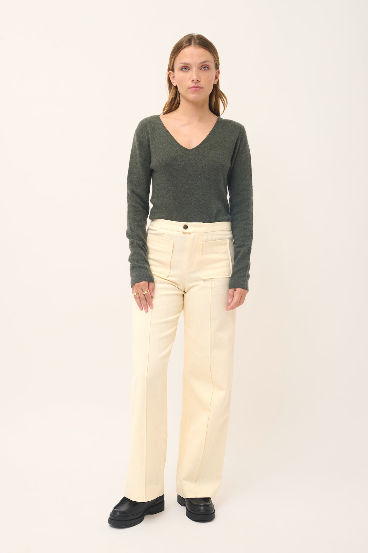 Pull Col V  - Joan - Kaki Chiné
