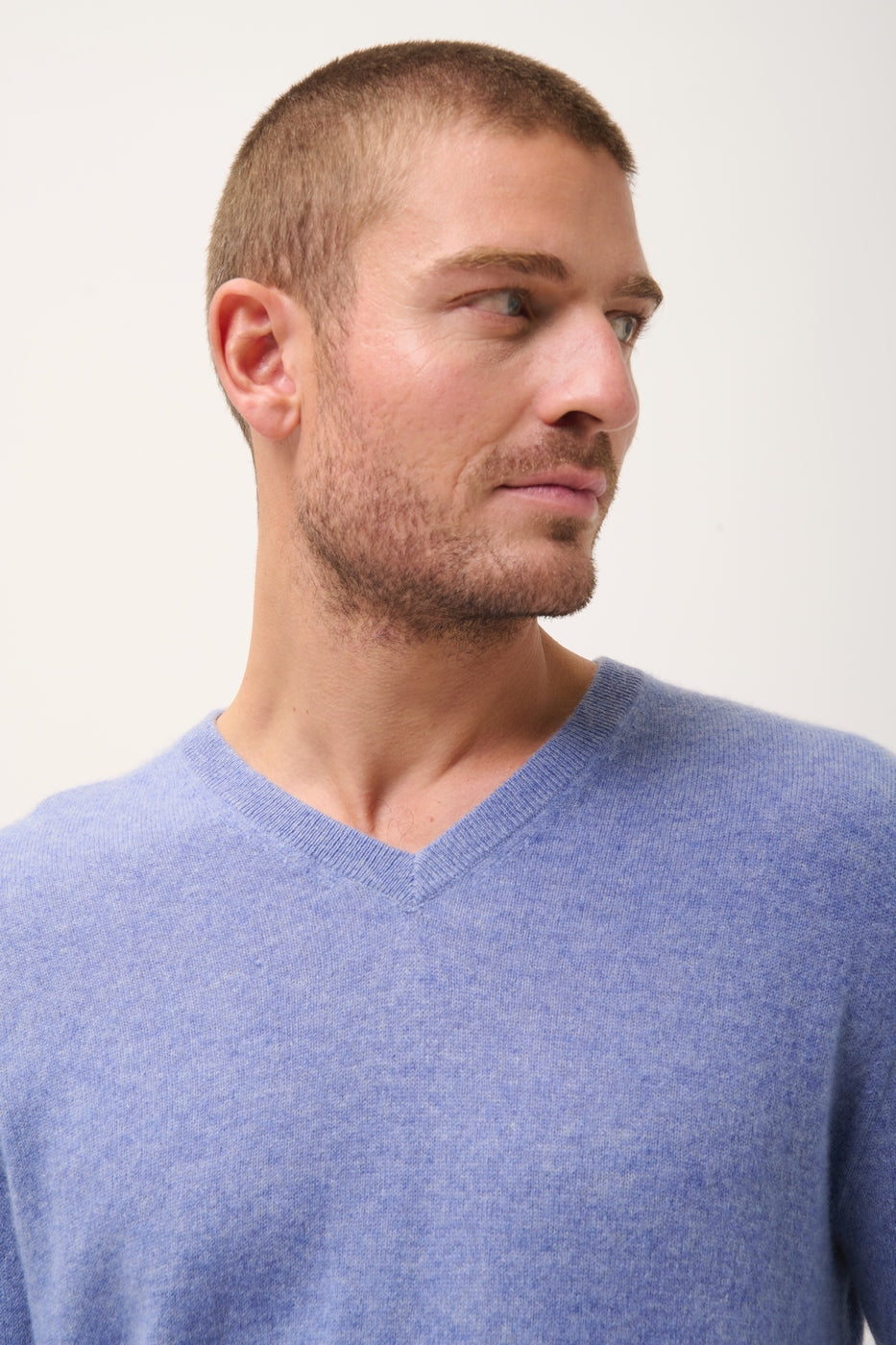 Pull Col V -Walt-100% Cachemire, 2 Fils-Sky Chiné-Homme