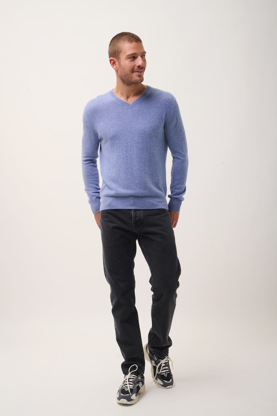 Pull Col V -Walt-100% Cachemire, 2 Fils-Sky Chiné-Homme