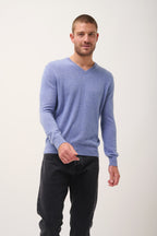 Pull Col V -Walt-100% Cachemire, 2 Fils-Sky Chiné-Homme