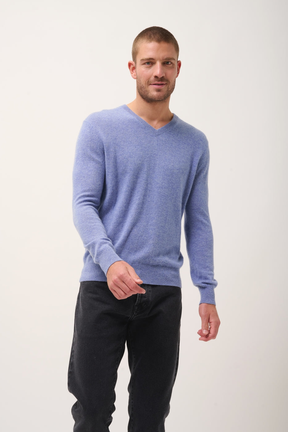 Pull Col V -Walt-100% Cachemire, 2 Fils-Sky Chiné-Homme