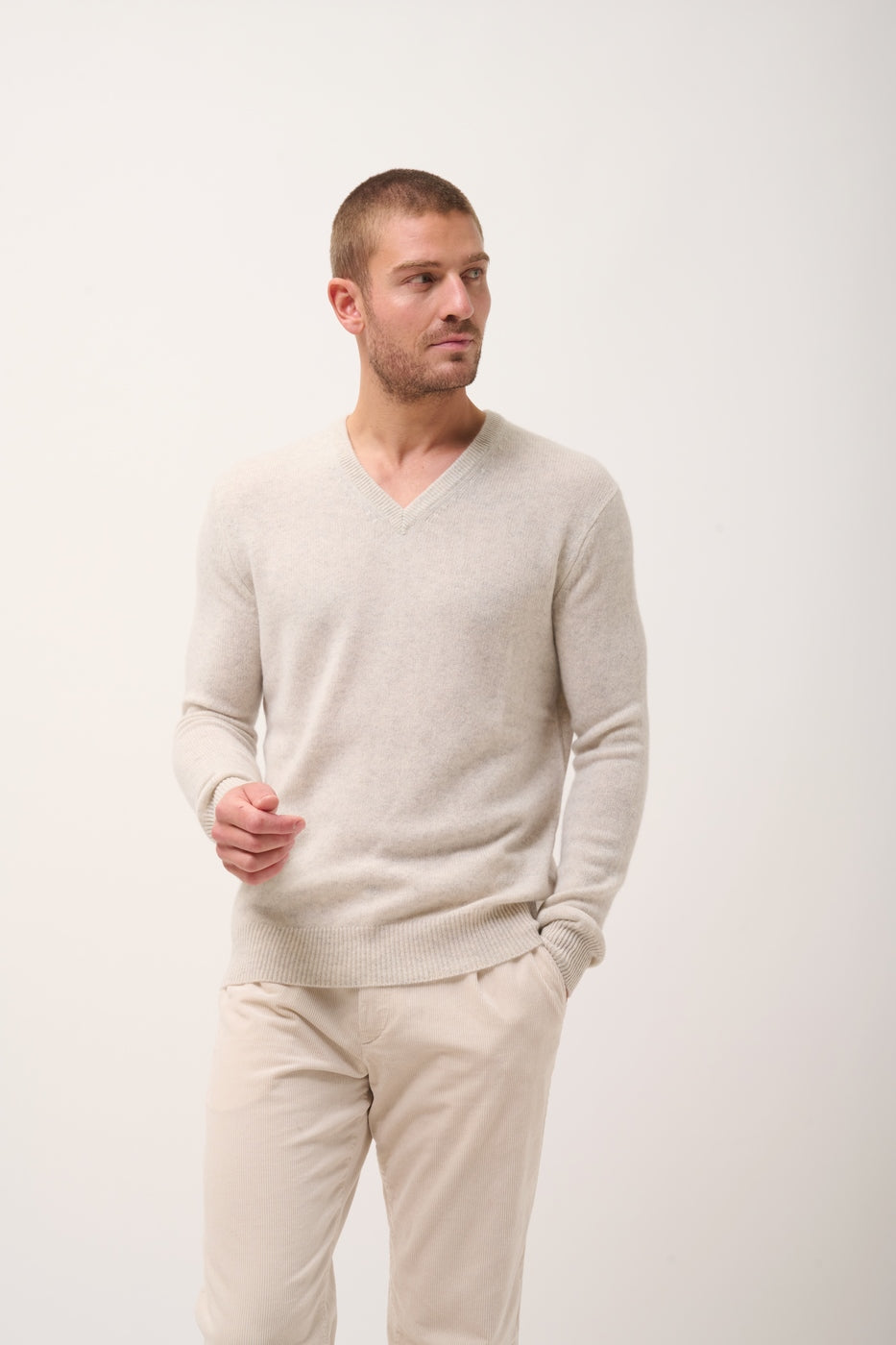 Pull Col V 4 Fils - Nathan  - Gris Perle Chiné