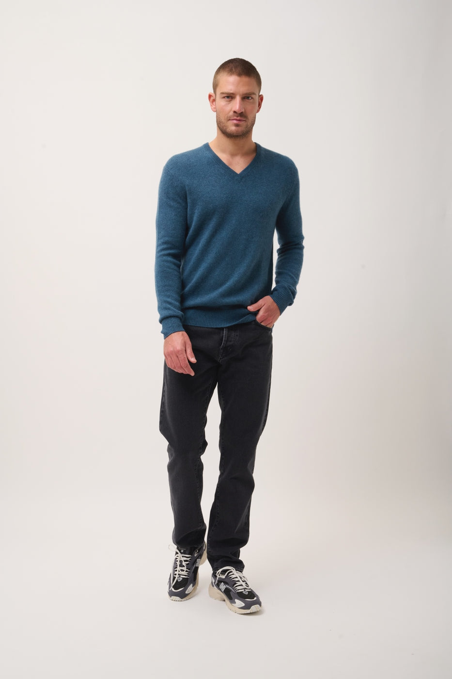 Pull Col V 4 Fils-Nathan -100% Cachemire, 4 Fils-Vert Canard Chiné-Homme