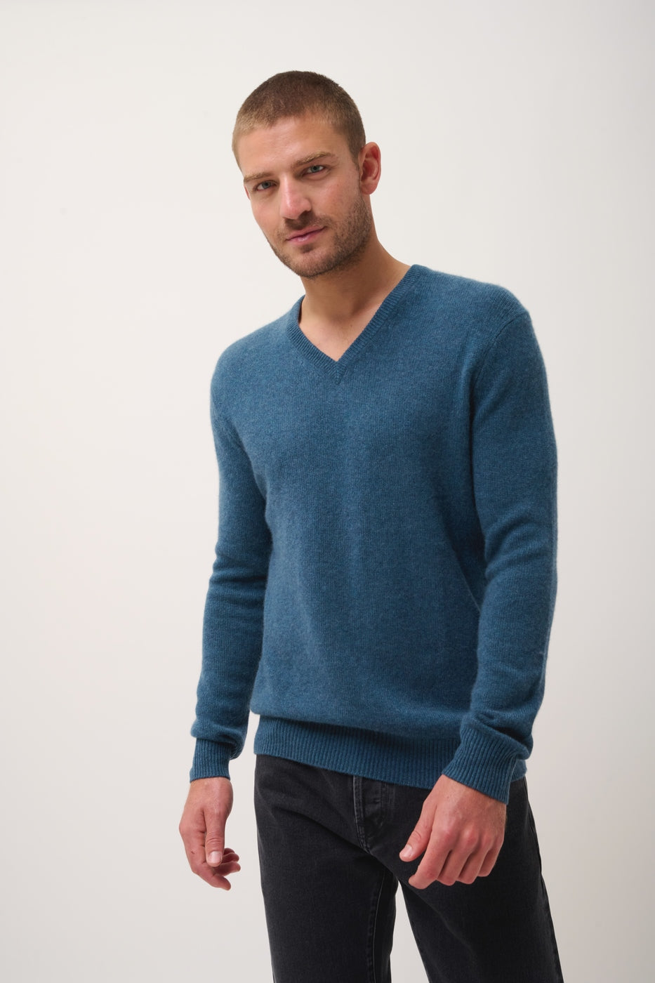 Pull Col V 4 Fils-Nathan -100% Cachemire, 4 Fils-Vert Canard Chiné-Homme