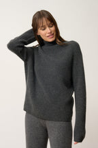 Pull Col Montant-Alyssa-100% Cachemire, 2 Fils-Carbone Chiné-Femme