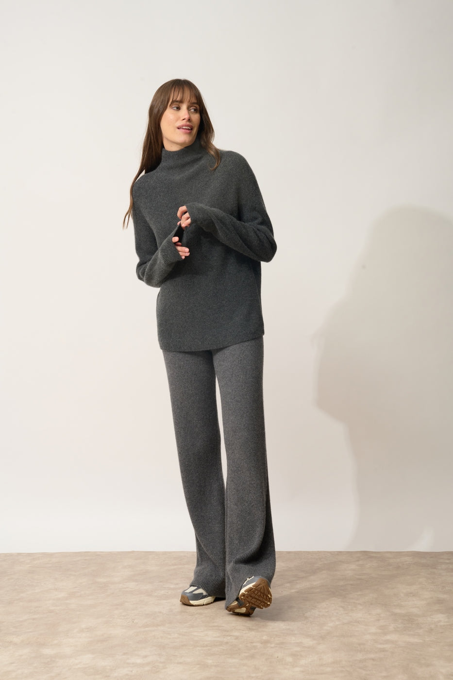 Pull Col Montant-Alyssa-100% Cachemire, 2 Fils-Carbone Chiné-Femme