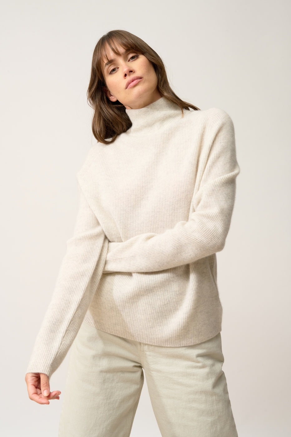 Pull Col Montant-Alyssa-100% Cachemire, 2 Fils-Gris Perle Chiné-Femme
