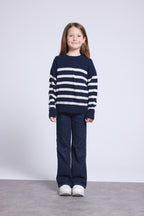 Pull Col Rond Col Rond Mariniere June - Bleu Marine Blanc - Enfant