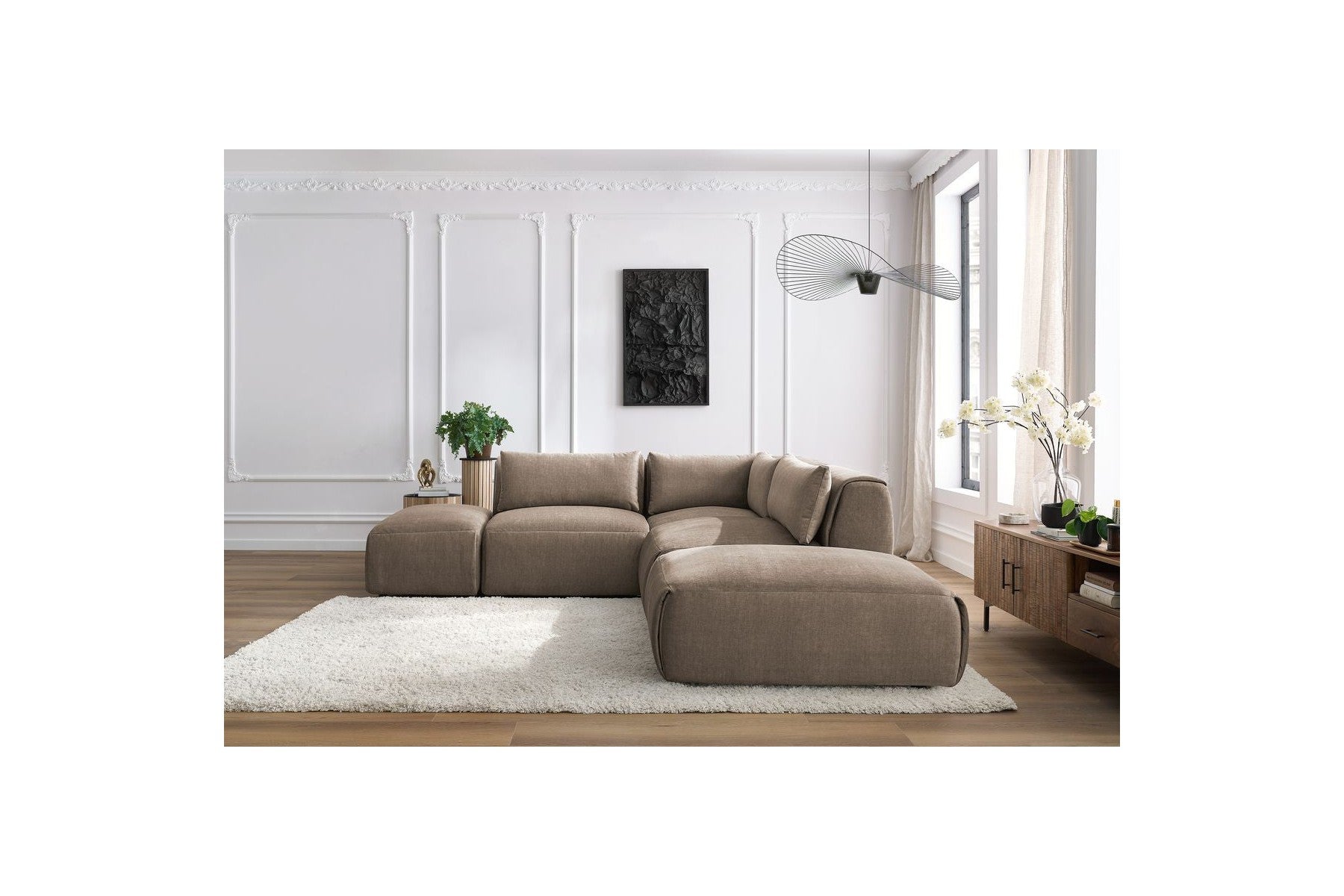 Jeanne - Fixed Modular Corner Sofa - Velvet Fabric with 2 Armless Chairs, 1 Corner Unit and 2 Pouffes