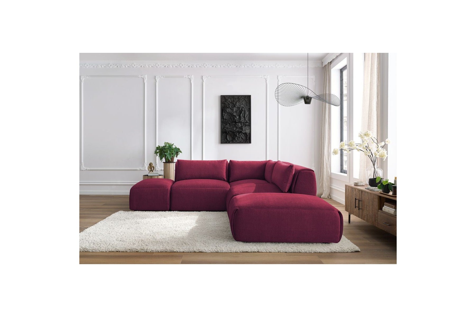 Jeanne - Fixed Modular Corner Sofa - Velvet Fabric with 2 Armless Chairs, 1 Corner Unit and 2 Pouffes