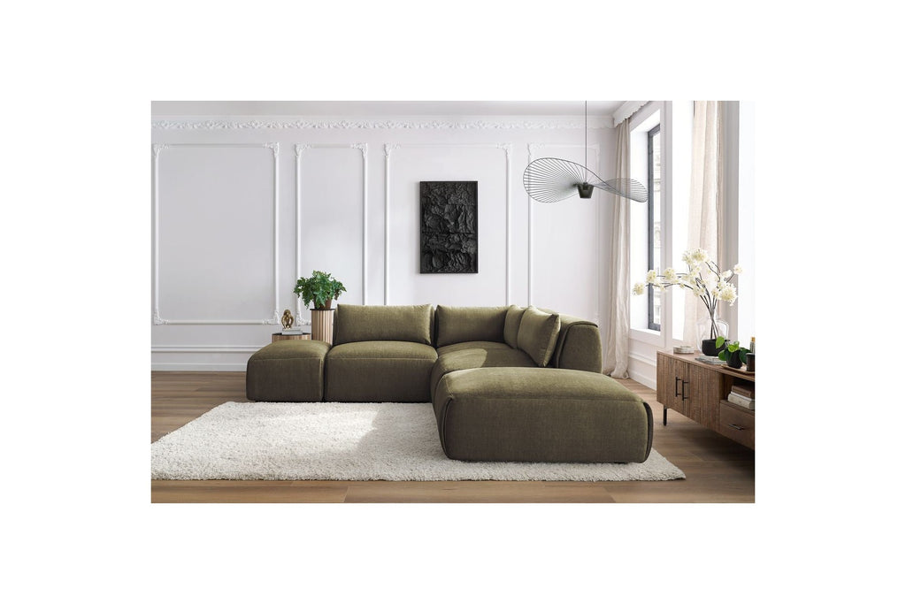 Jeanne - Fixed Modular Corner Sofa - Velvet Fabric with 2 Armless Chairs, 1 Corner Unit and 2 Pouffes