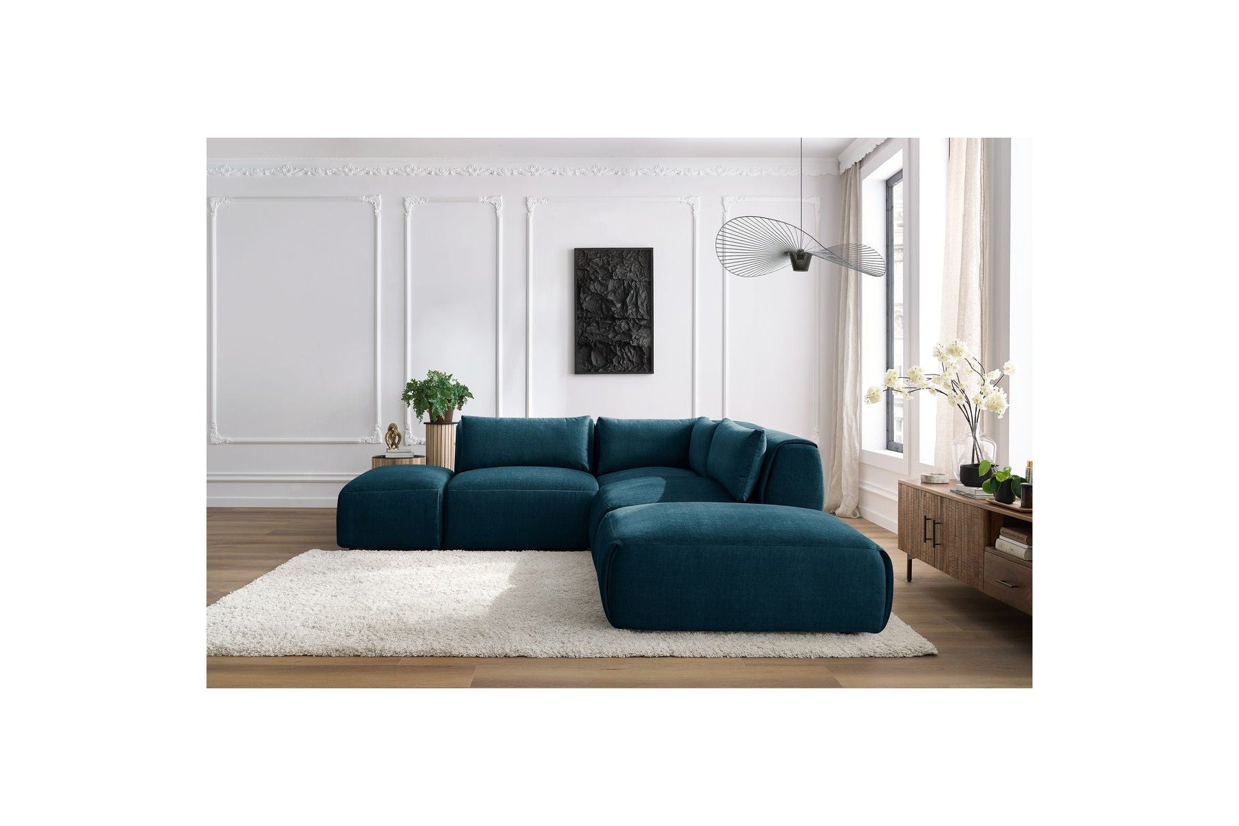 Jeanne - Fixed Modular Corner Sofa - Velvet Fabric with 2 Armless Chairs, 1 Corner Unit and 2 Pouffes
