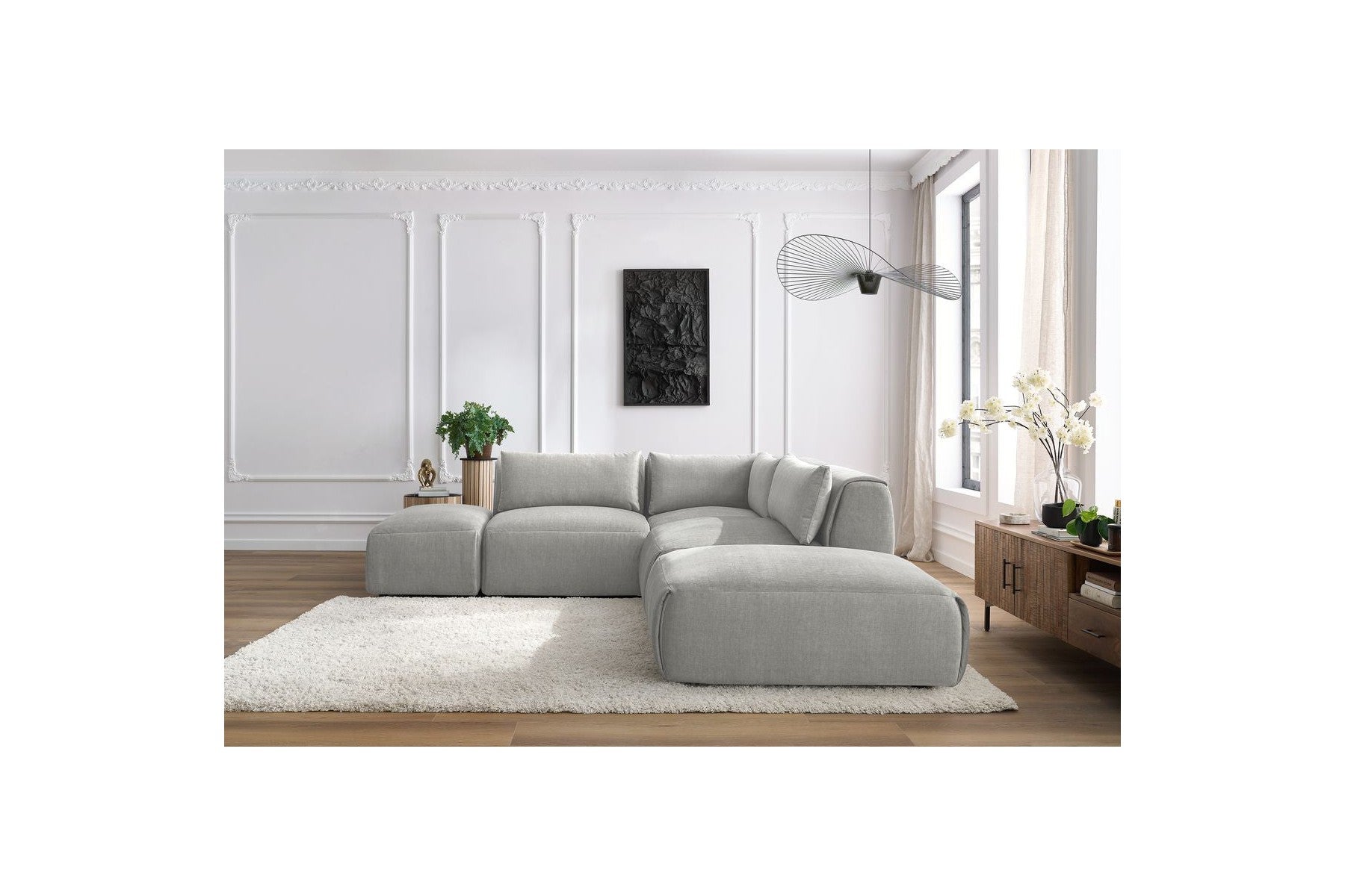 Jeanne - Fixed Modular Corner Sofa - Velvet Fabric with 2 Armless Chairs, 1 Corner Unit and 2 Pouffes