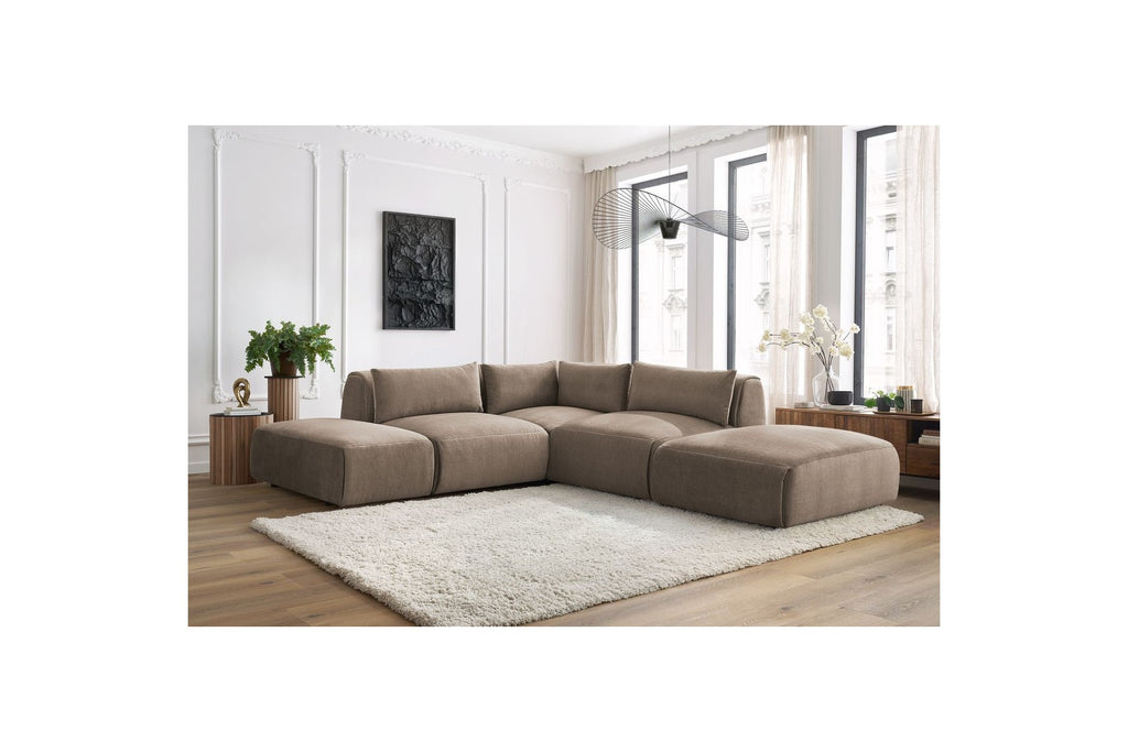 Jeanne - Fixed Modular Corner Sofa - Velvet Fabric with 2 Armless Chairs, 1 Corner Unit and 2 Pouffes