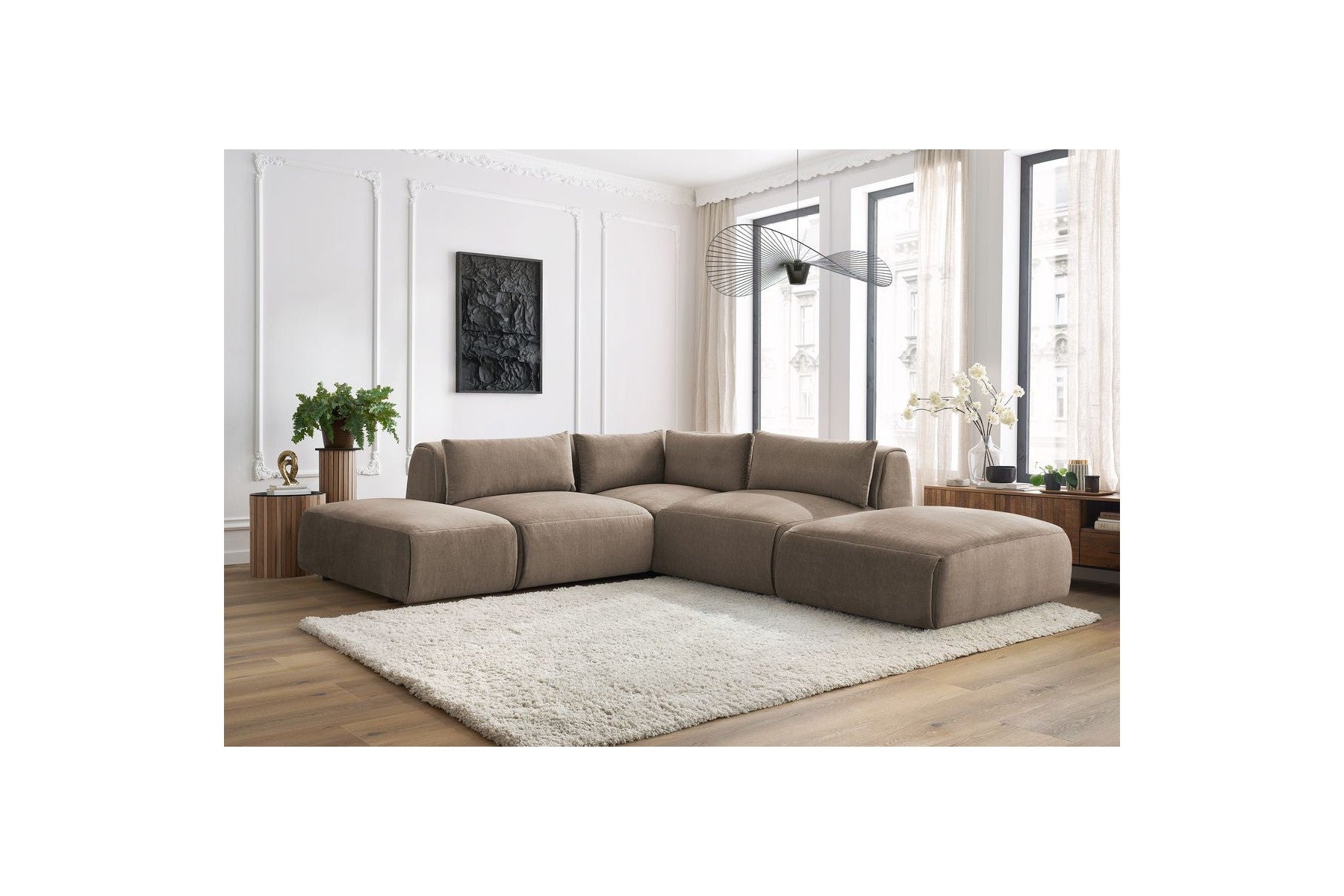 Jeanne - Fixed Modular Corner Sofa - Velvet Fabric with 2 Armless Chairs, 1 Corner Unit and 2 Pouffes