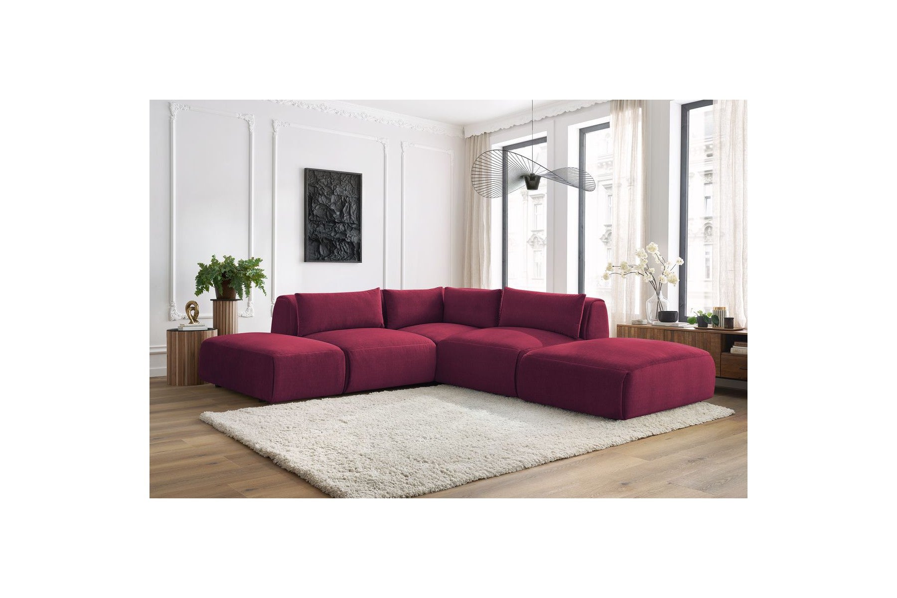 Jeanne - Fixed Modular Corner Sofa - Velvet Fabric with 2 Armless Chairs, 1 Corner Unit and 2 Pouffes