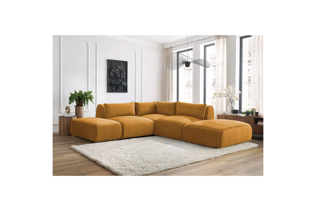 Jeanne - Fixed Modular Corner Sofa - Velvet Fabric with 2 Armless Chairs, 1 Corner Unit and 2 Pouffes