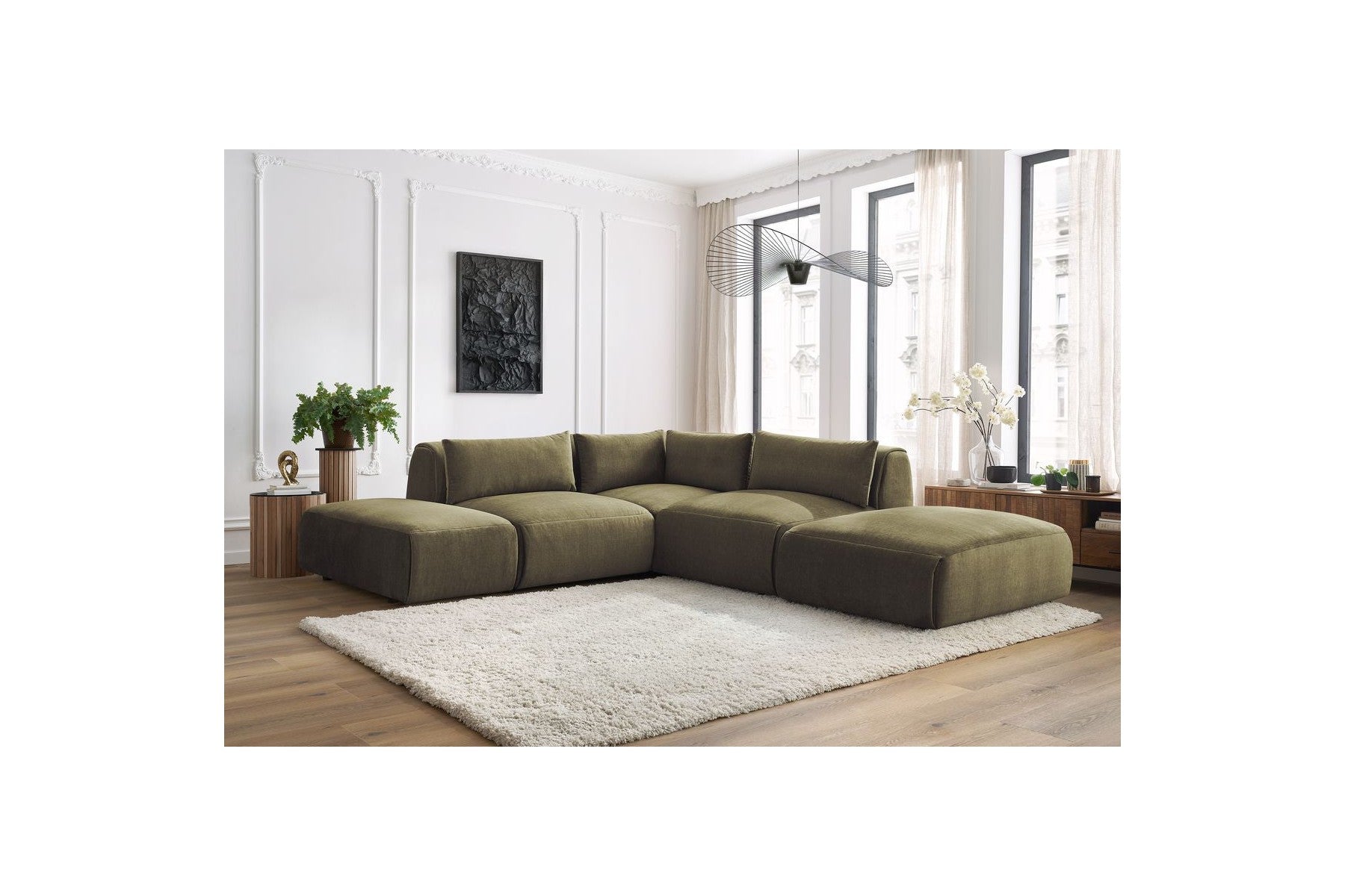Jeanne - Fixed Modular Corner Sofa - Velvet Fabric with 2 Armless Chairs, 1 Corner Unit and 2 Pouffes