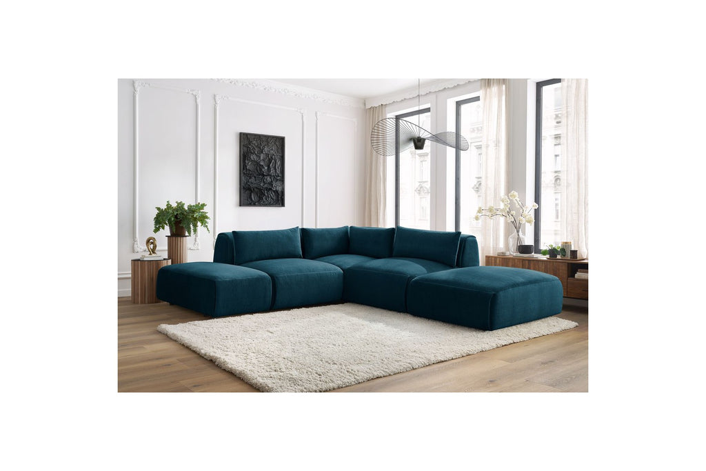 Jeanne - Fixed Modular Corner Sofa - Velvet Fabric with 2 Armless Chairs, 1 Corner Unit and 2 Pouffes