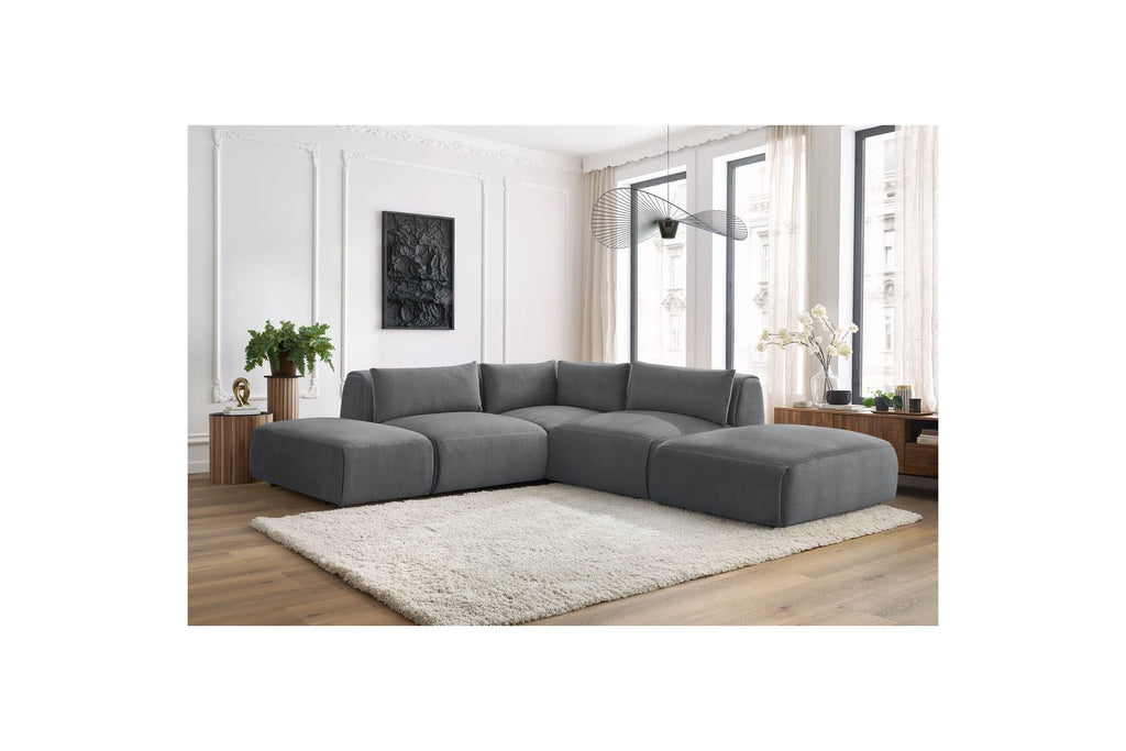 Jeanne - Fixed Modular Corner Sofa - Velvet Fabric with 2 Armless Chairs, 1 Corner Unit and 2 Pouffes