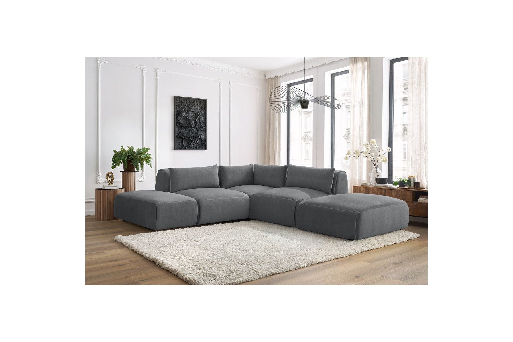 Jeanne - Fixed Modular Corner Sofa - Velvet Fabric with 2 Armless Chairs, 1 Corner Unit and 2 Pouffes