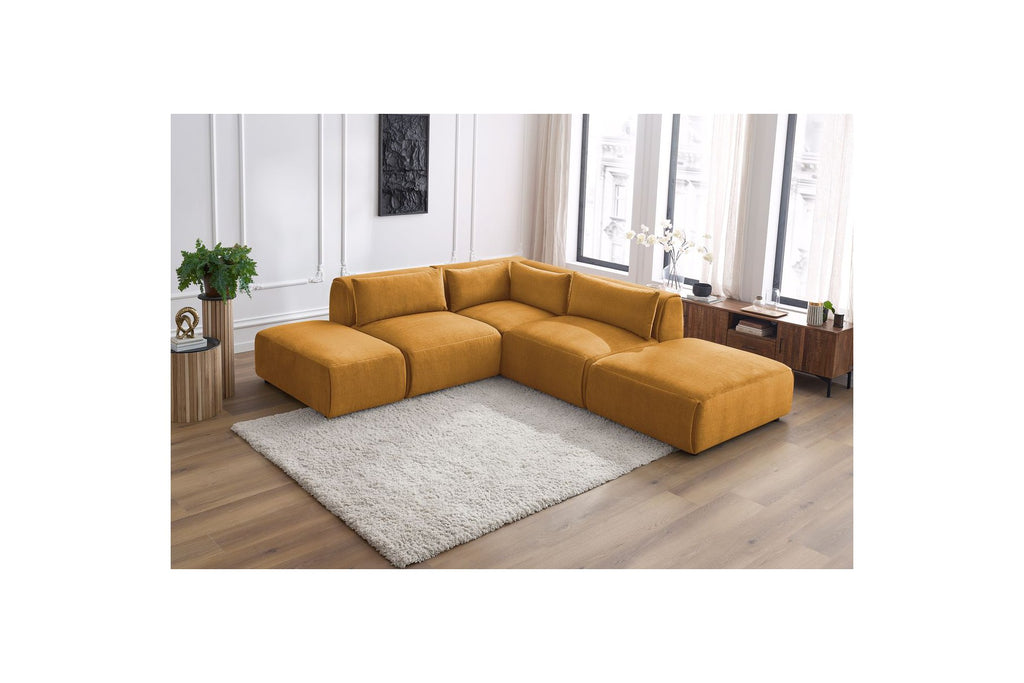 Jeanne - Fixed Modular Corner Sofa - Velvet Fabric with 2 Armless Chairs, 1 Corner Unit and 2 Pouffes