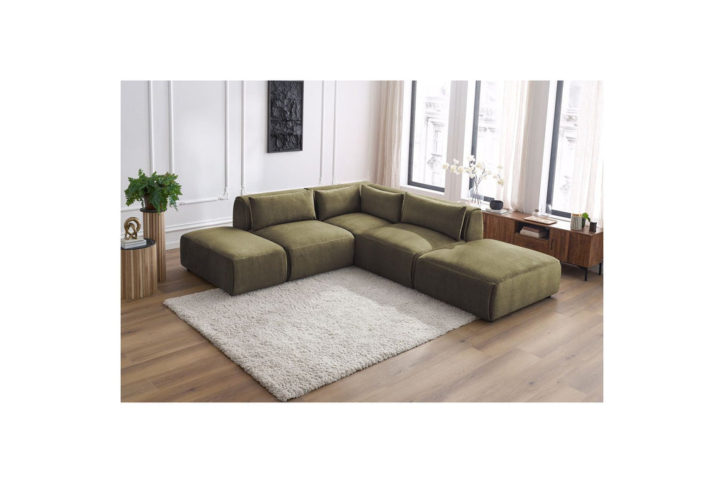 Jeanne - Fixed Modular Corner Sofa - Velvet Fabric with 2 Armless Chairs, 1 Corner Unit and 2 Pouffes