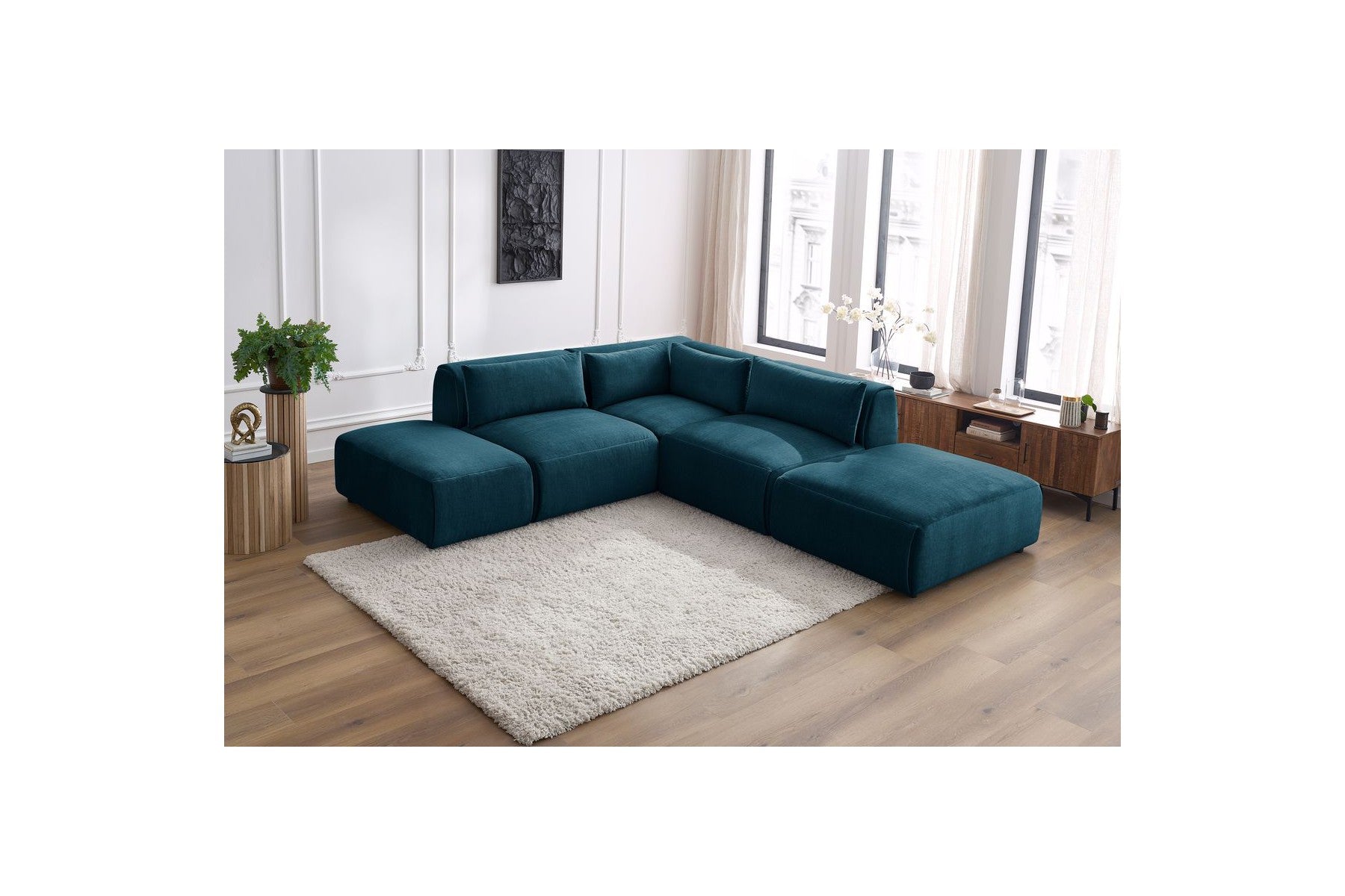 Jeanne - Fixed Modular Corner Sofa - Velvet Fabric with 2 Armless Chairs, 1 Corner Unit and 2 Pouffes