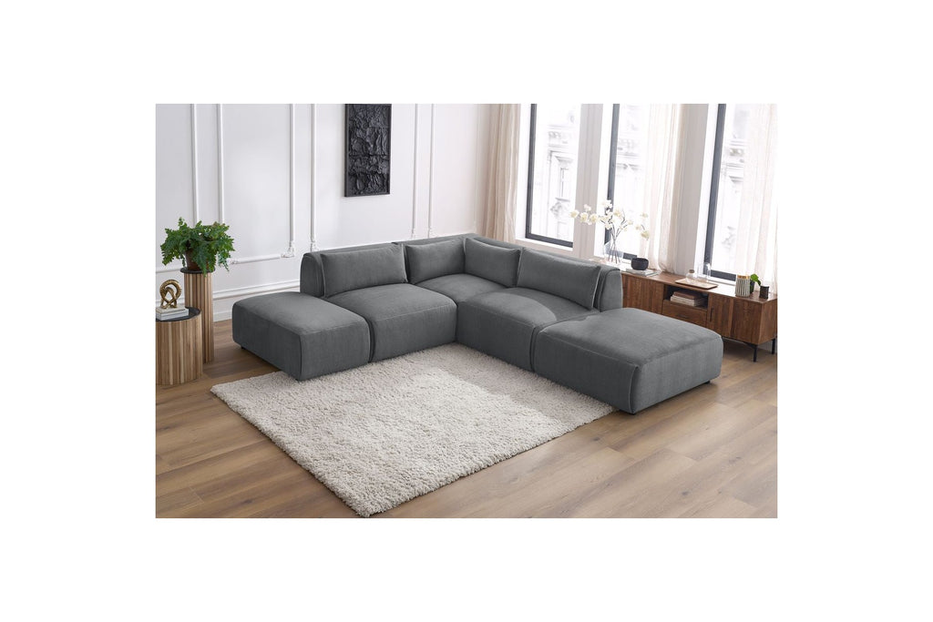 Jeanne - Fixed Modular Corner Sofa - Velvet Fabric with 2 Armless Chairs, 1 Corner Unit and 2 Pouffes