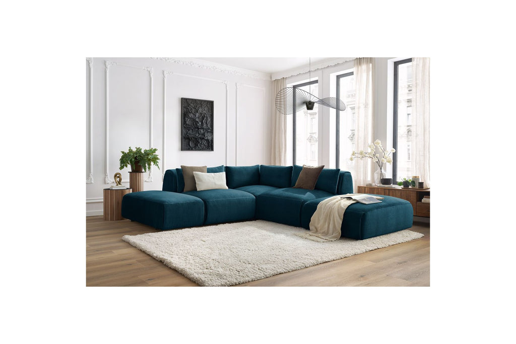 Jeanne - Fixed Modular Corner Sofa - Velvet Fabric with 2 Armless Chairs, 1 Corner Unit and 2 Pouffes