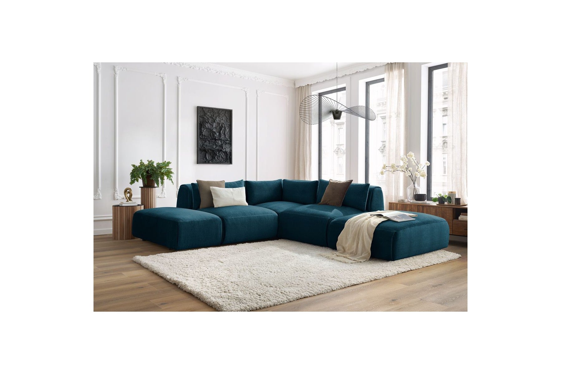 Jeanne - Fixed Modular Corner Sofa - Velvet Fabric with 2 Armless Chairs, 1 Corner Unit and 2 Pouffes