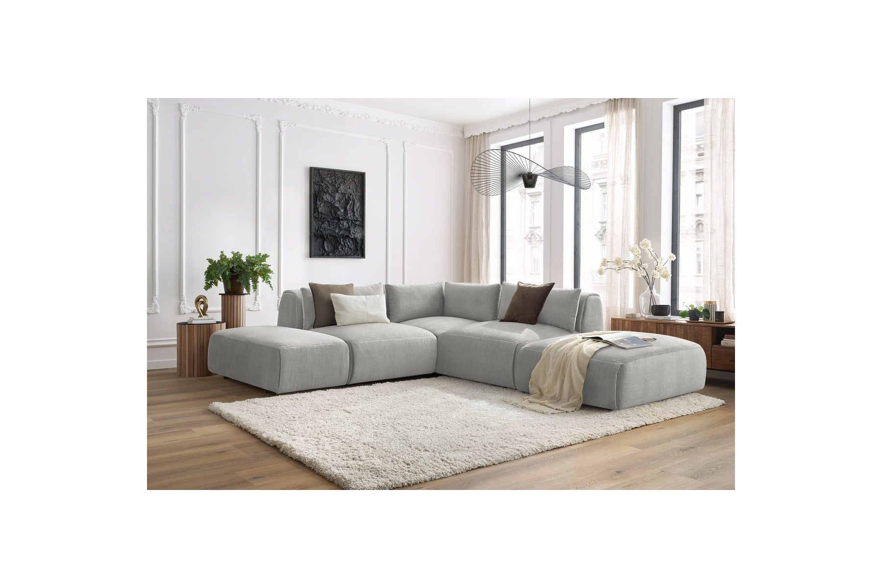 Jeanne - Fixed Modular Corner Sofa - Velvet Fabric with 2 Armless Chairs, 1 Corner Unit and 2 Pouffes