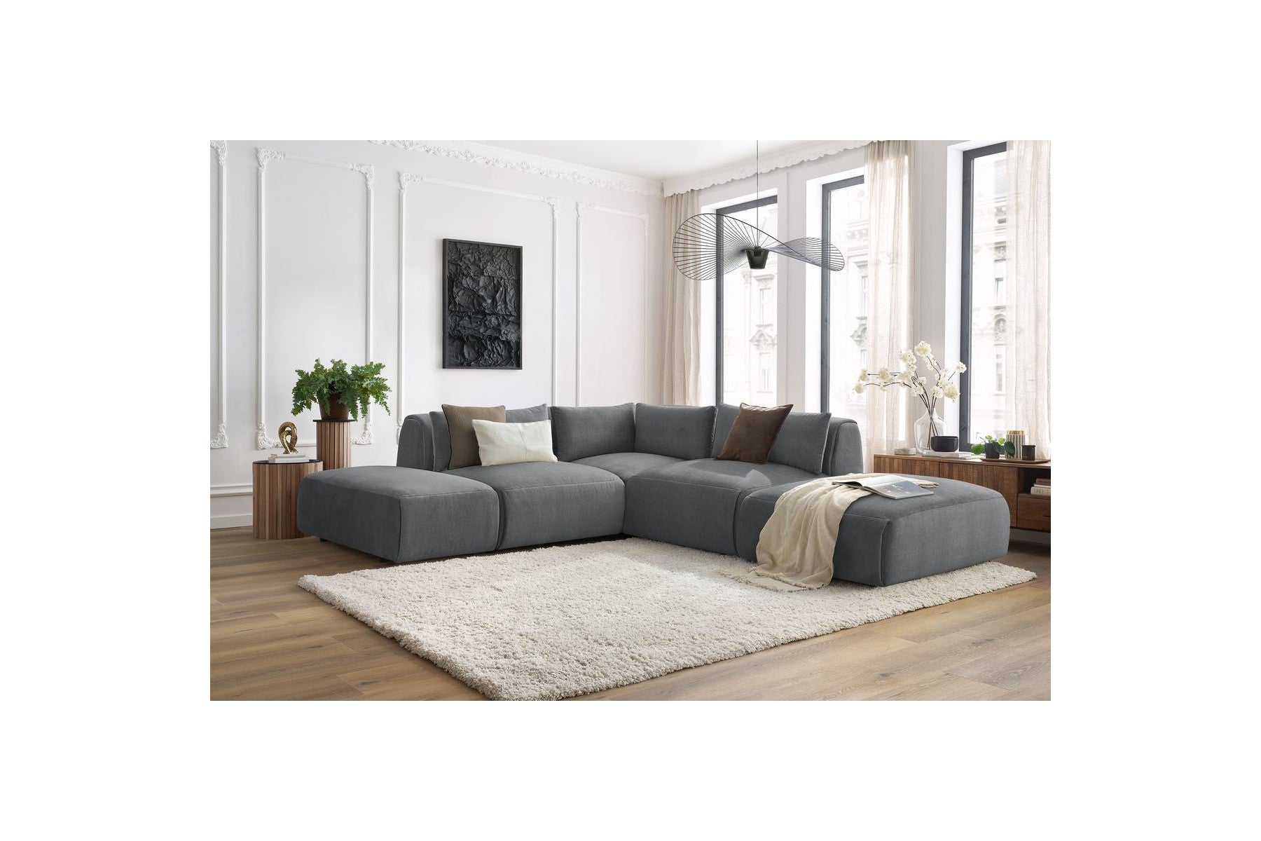Jeanne - Fixed Modular Corner Sofa - Velvet Fabric with 2 Armless Chairs, 1 Corner Unit and 2 Pouffes
