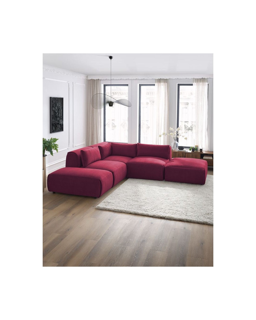 Jeanne - Fixed Modular Corner Sofa - Velvet Fabric with 2 Armless Chairs, 1 Corner Unit and 2 Pouffes