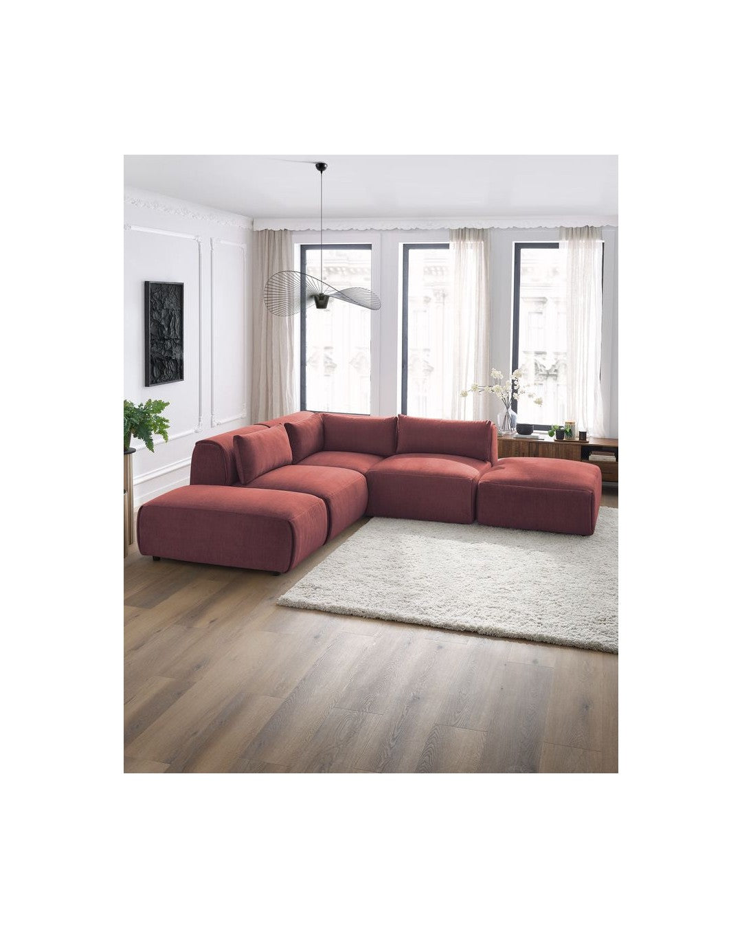 Jeanne - Fixed Modular Corner Sofa - Velvet Fabric with 2 Armless Chairs, 1 Corner Unit and 2 Pouffes