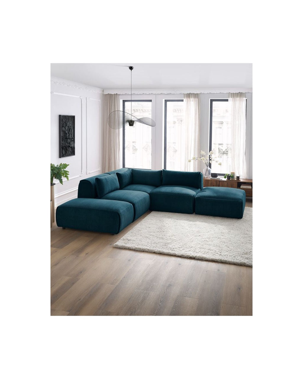 Jeanne - Fixed Modular Corner Sofa - Velvet Fabric with 2 Armless Chairs, 1 Corner Unit and 2 Pouffes