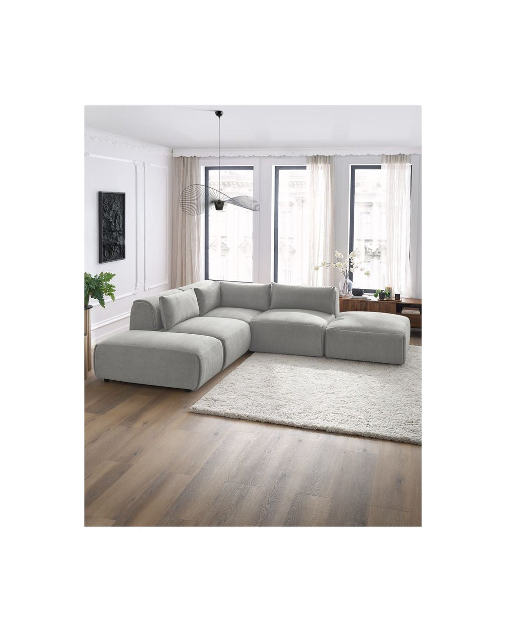 Jeanne - Fixed Modular Corner Sofa - Velvet Fabric with 2 Armless Chairs, 1 Corner Unit and 2 Pouffes