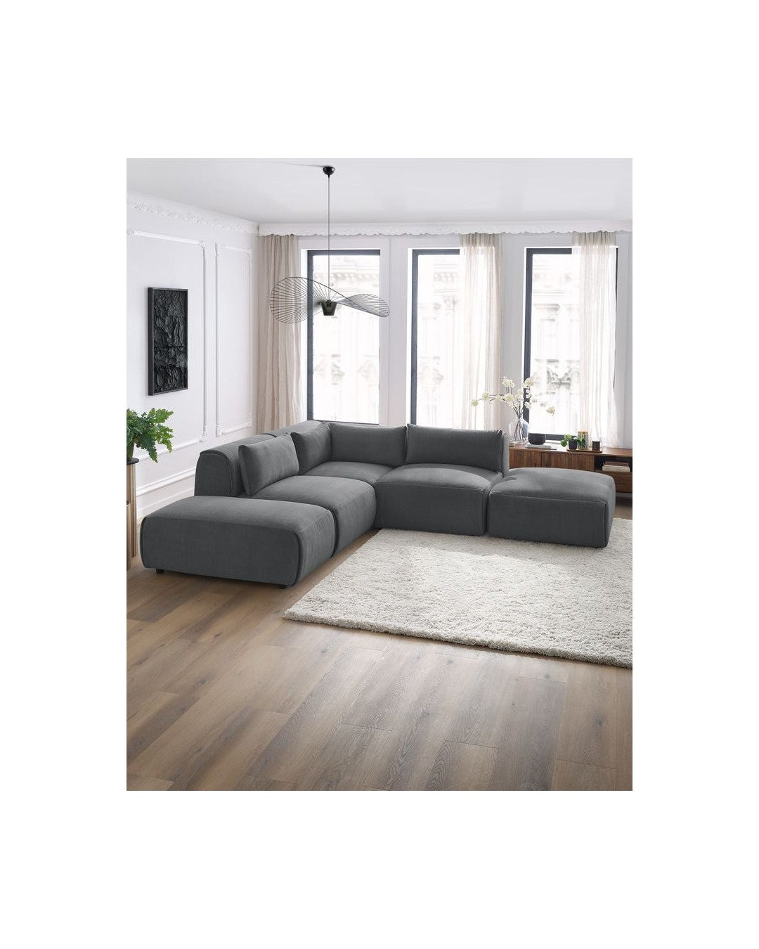 Jeanne - Fixed Modular Corner Sofa - Velvet Fabric with 2 Armless Chairs, 1 Corner Unit and 2 Pouffes
