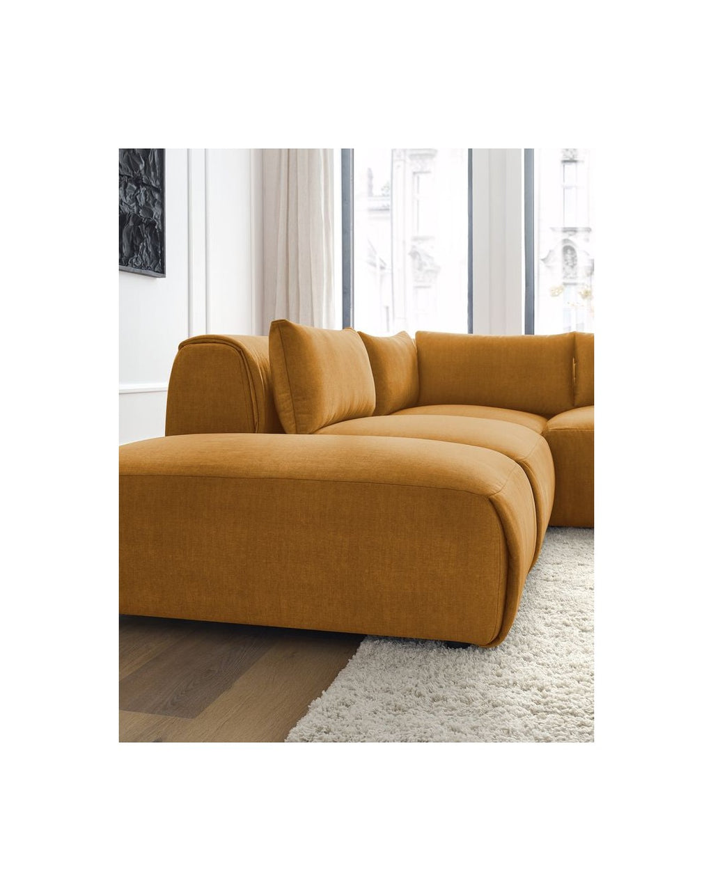 Jeanne - Fixed Modular Corner Sofa - Velvet Fabric with 2 Armless Chairs, 1 Corner Unit and 2 Pouffes
