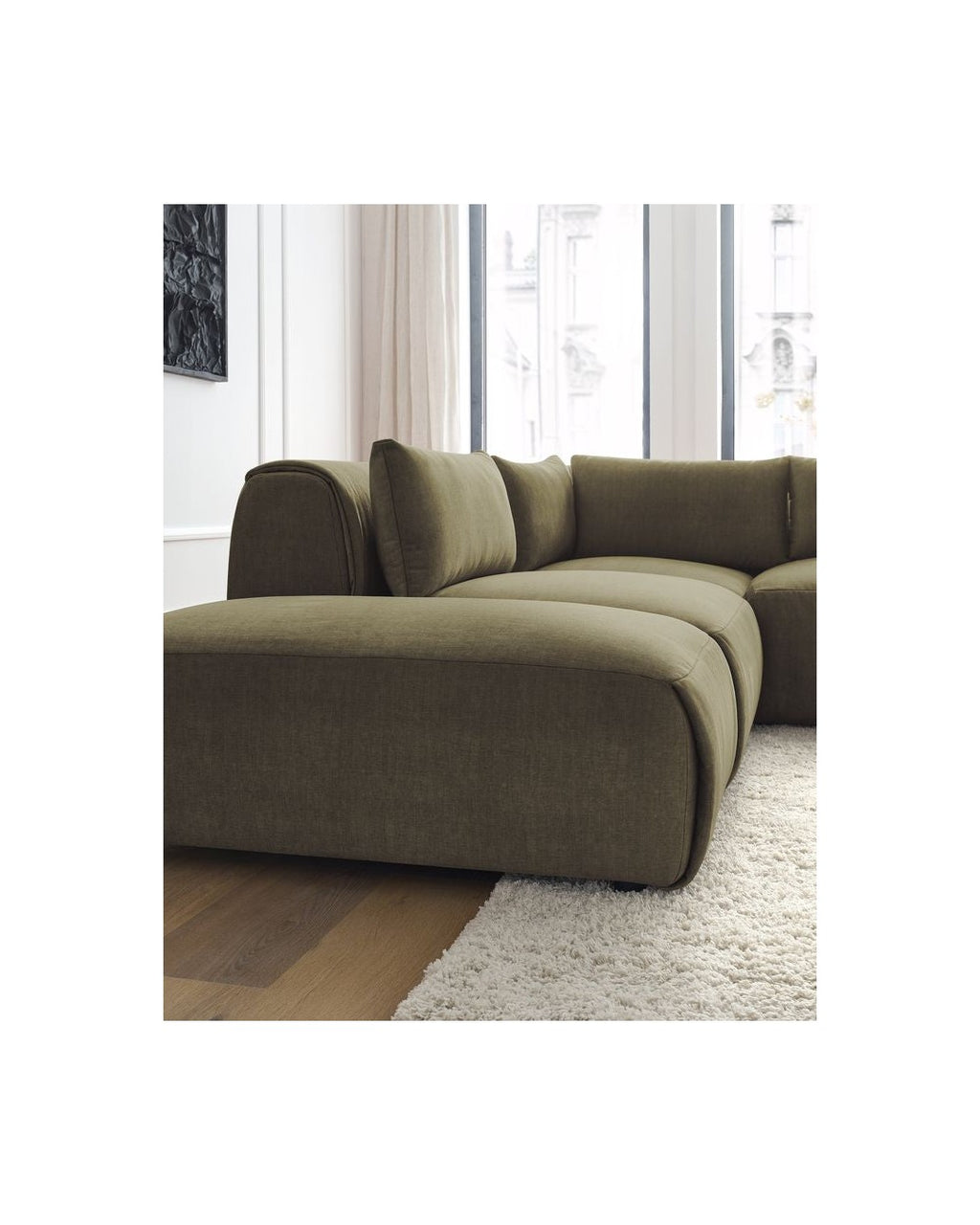 Jeanne - Fixed Modular Corner Sofa - Velvet Fabric with 2 Armless Chairs, 1 Corner Unit and 2 Pouffes