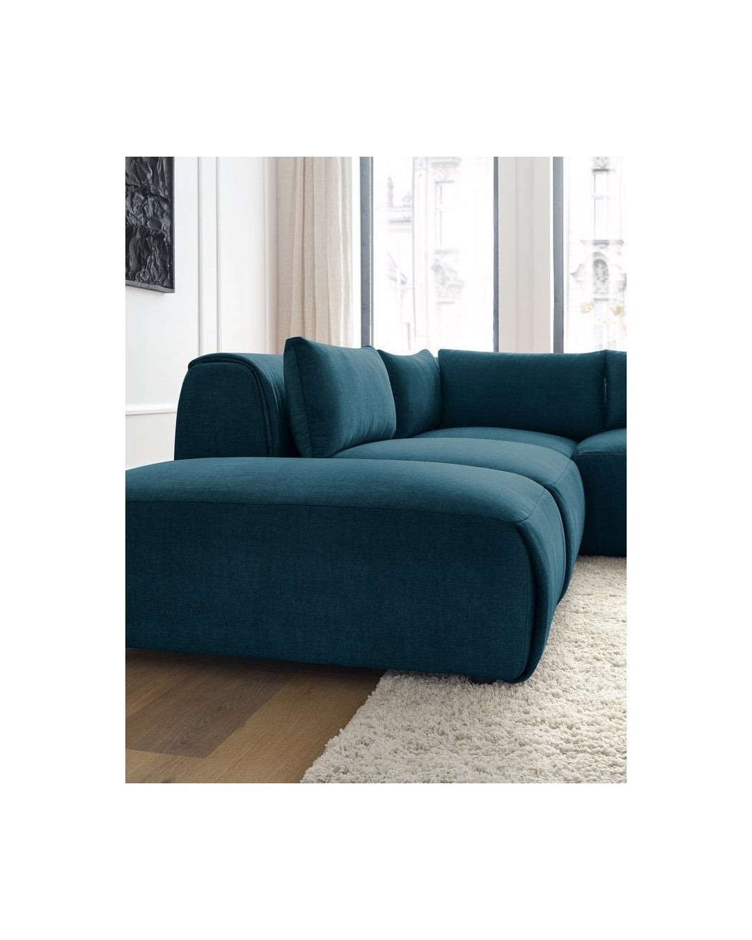 Jeanne - Fixed Modular Corner Sofa - Velvet Fabric with 2 Armless Chairs, 1 Corner Unit and 2 Pouffes