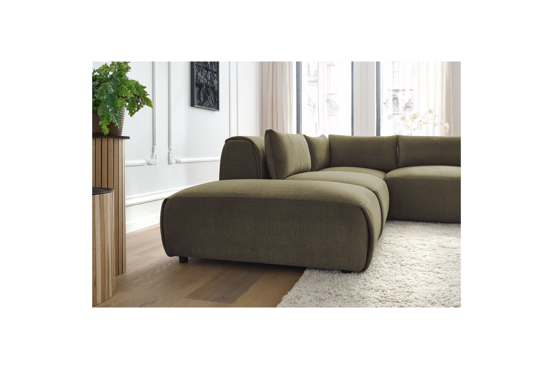 Jeanne - Fixed Modular Corner Sofa - Velvet Fabric with 2 Armless Chairs, 1 Corner Unit and 2 Pouffes