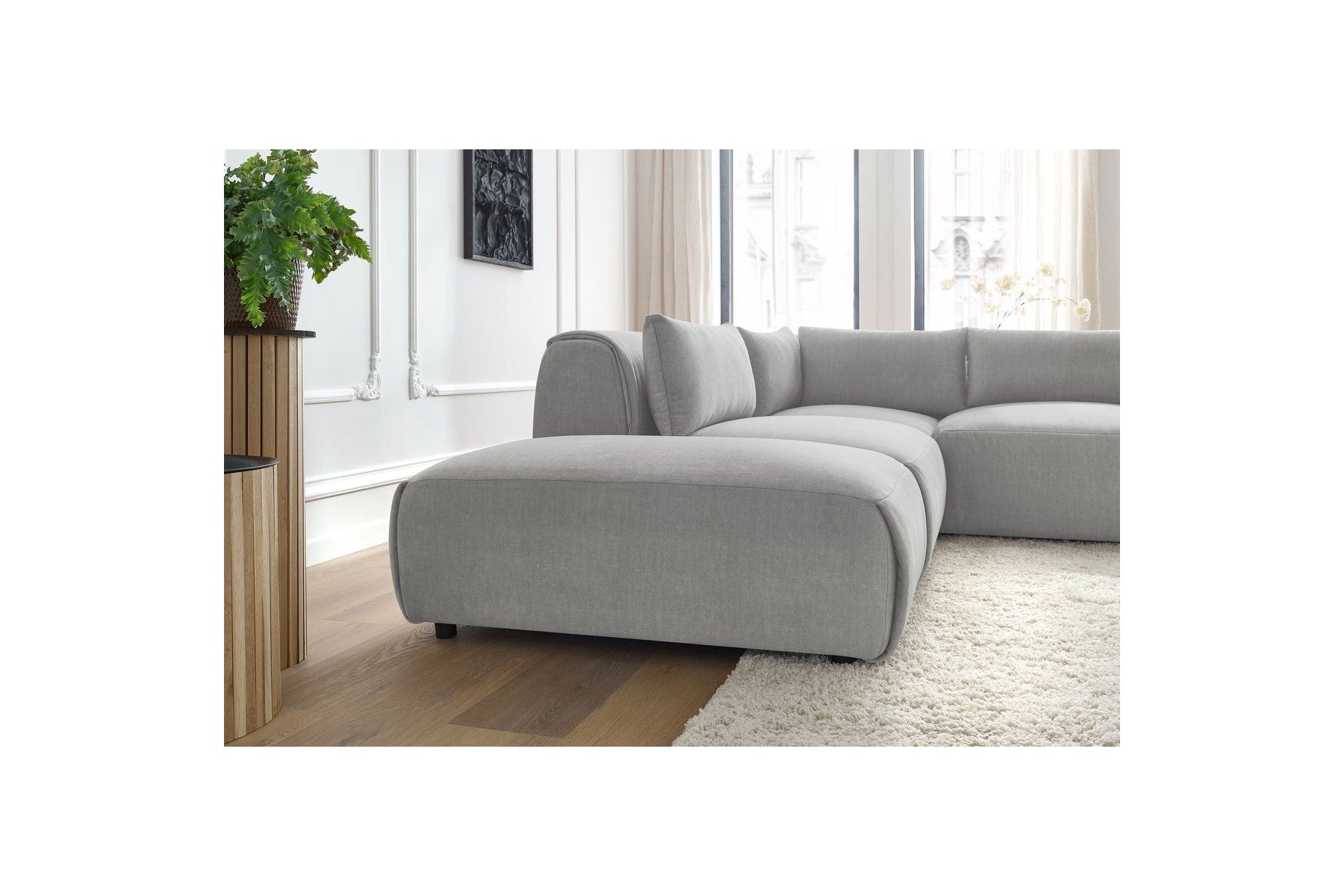 Jeanne - Fixed Modular Corner Sofa - Velvet Fabric with 2 Armless Chairs, 1 Corner Unit and 2 Pouffes